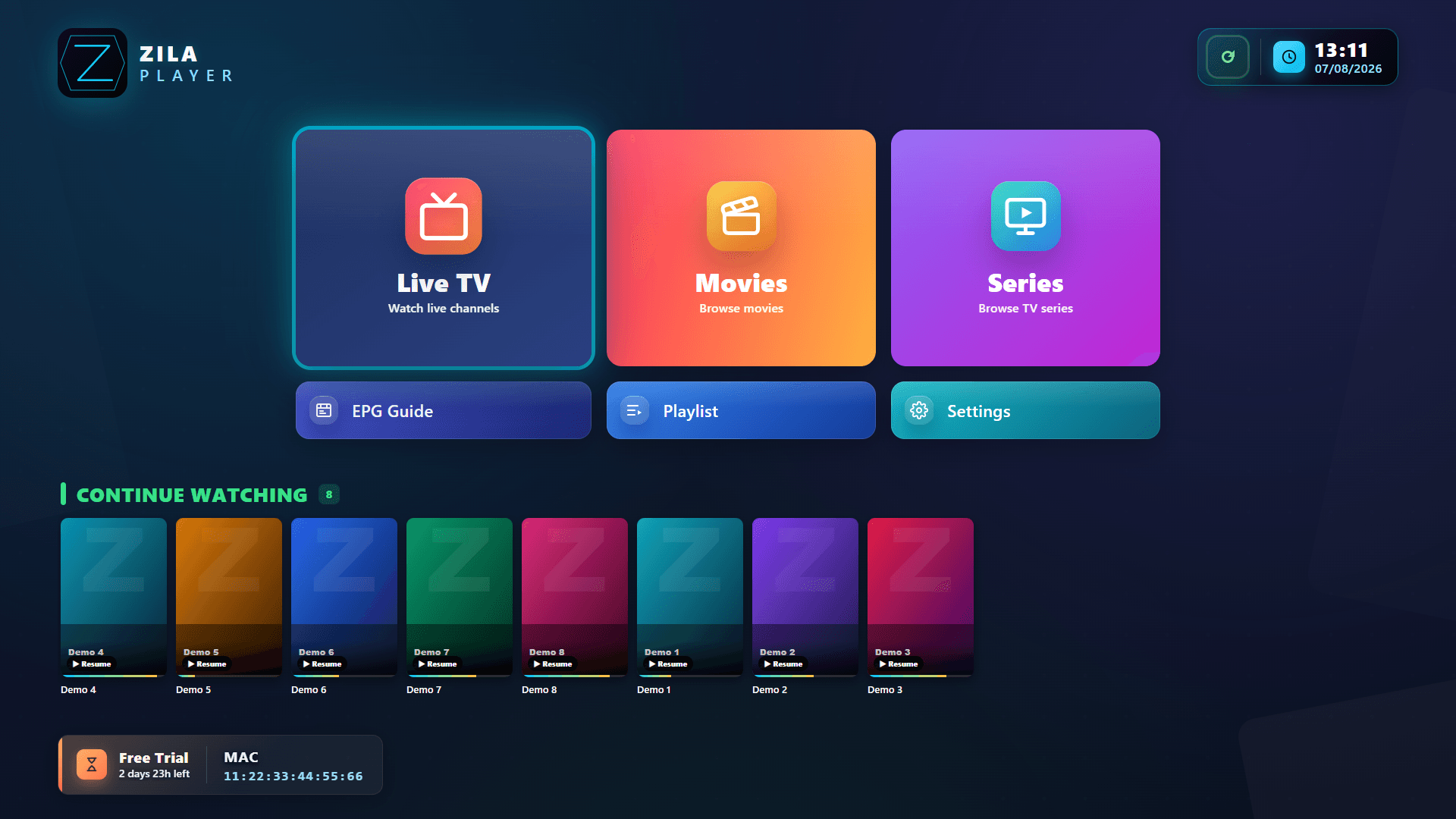 Zila Player Home screen on TV — demo library with placeholder items